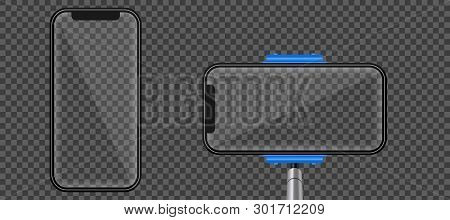 Creative Vector Illustration Of Monopod Selfie Stick With Empty Phone Mobile Screen Isolated On Tran