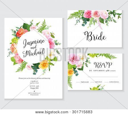 Floral Wedding Vector Frames. Pink, Orange And Yellow Rose, Ranunculus, Peony, Coral Carnation Flowe