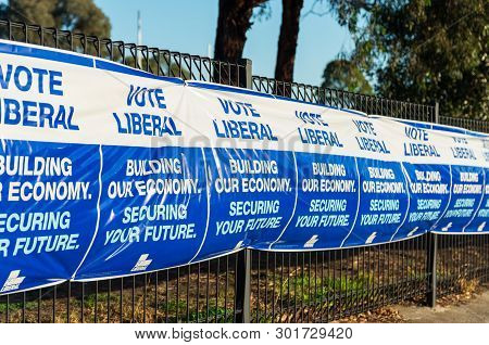 Melbourne, Australia - May 18, 2019: Liberal Party Posters At The Polling Place At Mallauna College 
