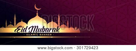 Wid Mubarak Glowing Mosque Banner Design Vector Illustration