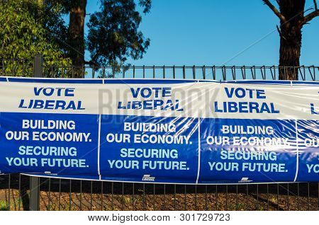 Melbourne, Australia - May 18, 2019: Liberal Party Posters At The Polling Place At Mallauna College 