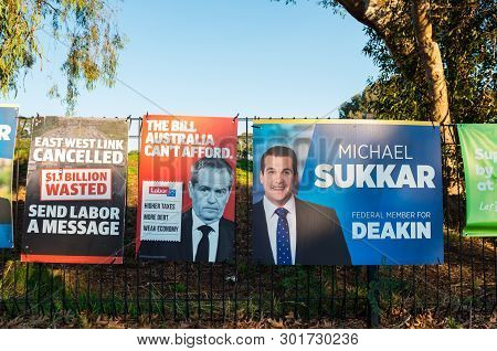 Melbourne, Australia - May 18, 2019: Liberal Party Posters At The Polling Place At Mallauna College 