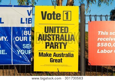 Melbourne, Australia - May 18, 2019: Poster Of The United Australia Party Of Clive Palmer In The Ele