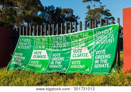 Melbourne, Australia - May 18, 2019: Australian Greens Party Banner In The Electorate Of Deakin In E