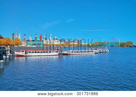 Hamburg, Germany- August 13, 2015: Passenger Ships Towed On Lake Alster, Hamburg, Germany On A Brigh