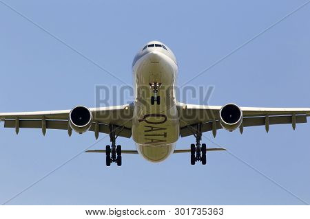Borispol, Ukraine - May 18, 2019: A7-aeg Qatar Airways Airbus A330-300 Aircraft On The Blue Sky Back