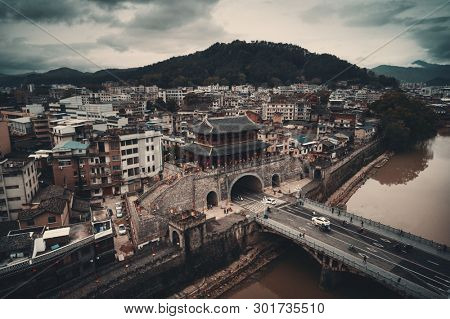 FUJIAN, CHINA â MARCH 2, 2018: Aerial view with historic architecture in Changting city in Fujian, China. 