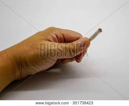 Hand Holding Cat6 Lan Cable Isolated On White Background