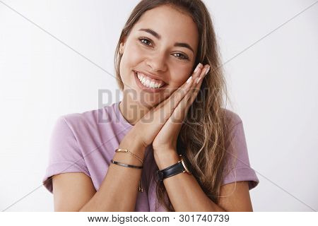 Close-up Romantic Silly Cute Joyful European Woman Leaning Face Palms Smiling Broadly Feeling Happy 