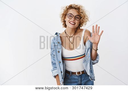 Hey Nice To Meet You. Portrait Of Friendly-looking Sociable Cute European Female In Glasses With Sho