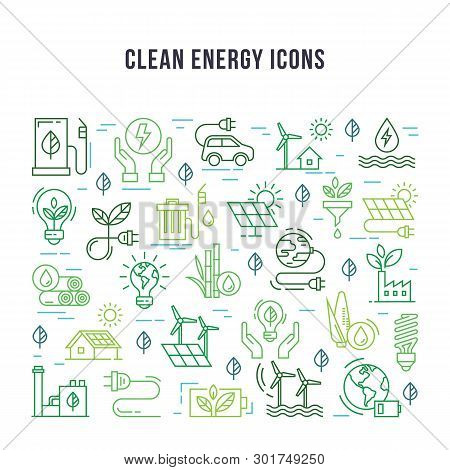 Set Of Linear Icons On The Theme Of Clean Energy. Green Energy From Renewable Sources In A Set Of Is