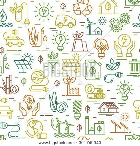 Vector Design With Seamless Ecology Pattern And Green Energy Concept In The Trendy Line Style. Seaml