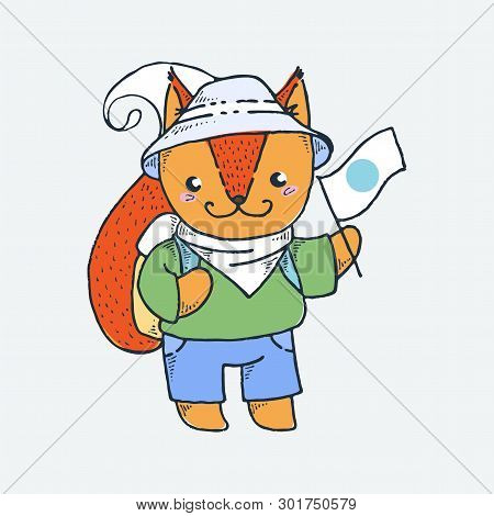 Cute Little Fox, Cartoon Hand Drawn Vector Illustration. Cute For Baby Coloring Pages, T-shirt Print