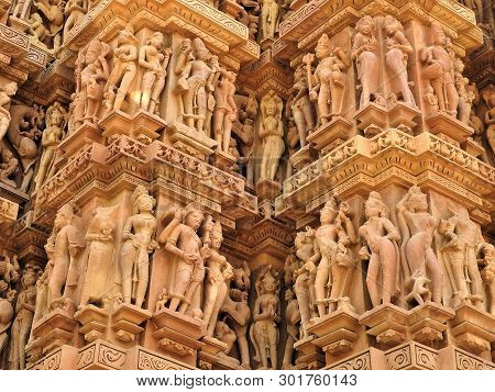 Sex Poses - Close Up Of Kamasutra Scenes On The Wall Of Hindu Temple In Western Group Of Temple Khaj