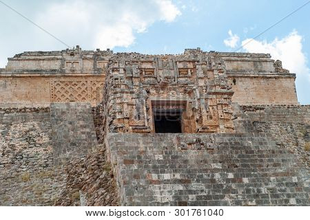 Details Of The Sculpted Top Of The Mayan Pyramid, Of The Archaeological Area Of Ek Balam, On The Yuc