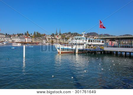 Luzern, Switzerland - Oct 14, 2018 : Chom View Pier On Lake Lucerne, Beautiful Aerial View Lake Luce