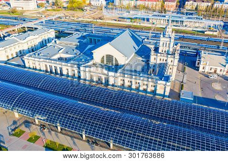 Brest, Belarus - April 17, 2019: Beautiful Railway Station Situated Between Platfoms. Commuting By T