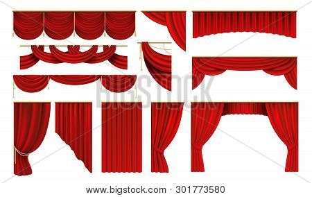 Realistic Red Curtains. Cinema And Theater Stage Borders, 3d Elegant Backdrop Folding Drapery. Vecto