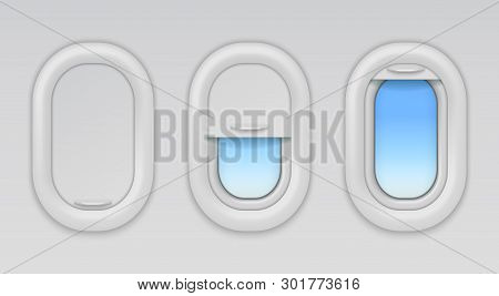 Airplane Windows. Aircraft Portholes With Blue Sky And Fuselage Background, Vector Open Closed And H