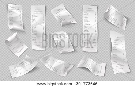 Realistic Receipt. Restaurant Bill, Shop And Supermarket Paper Receipts, Purchase Invoice. Vector Is