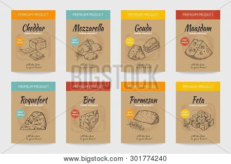 Cheese Posters. Gourmet Food Vintage Sketch, Organic Menu Design, Cheese And Milk Product Package. V