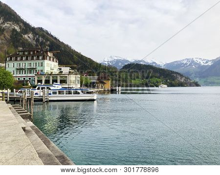 View Of The Vitznau Settlement On The Shore Of Lake Lucerne Or Vierwaldstaetersee - Canton Of Lucern