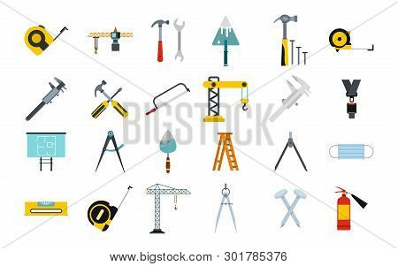 Construction Tools Icon Set. Flat Set Of Construction Tools Icons For Web Design Isolated On White B