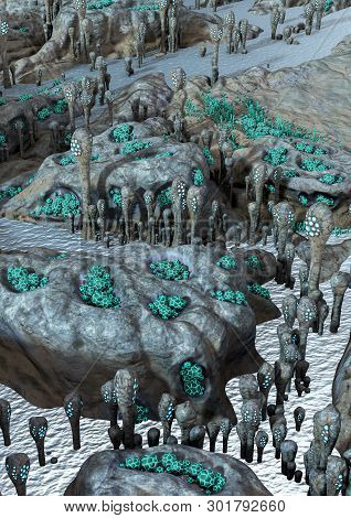 A Fantasy Scene Of A Desert Alien Land, With Weird Vegetation. 3d Illustration.