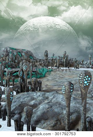 A Fantasy Scene Of A Desert Alien Land, With Weird Vegetation. 3d Illustration.
