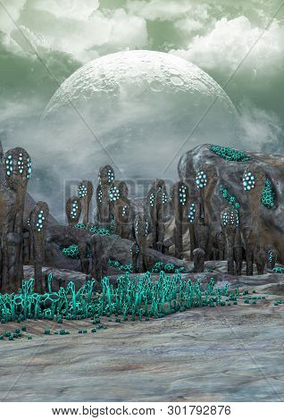A Fantasy Scene Of A Desert Alien Land, With Weird Vegetation. 3d Illustration.
