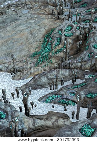A Fantasy Scene Of A Desert Alien Land, With Weird Vegetation. 3d Illustration.