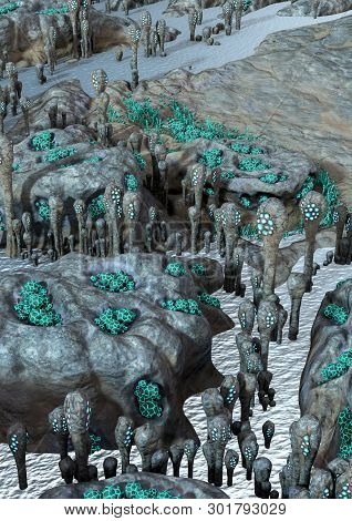 A Fantasy Scene Of A Desert Alien Land, With Weird Vegetation. 3d Illustration.