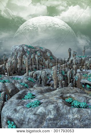 A Fantasy Scene Of A Desert Alien Land, With Weird Vegetation. 3d Illustration.