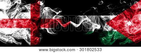 English Vs Jordan, Jordanian Smoky Mystic Flags Placed Side By Side. Thick Colored Silky Smokes Flag