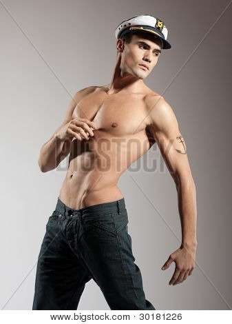 Very Attractive Young Male Model Top Naked With A Sailor Cap, Great Body - Studio Shoot