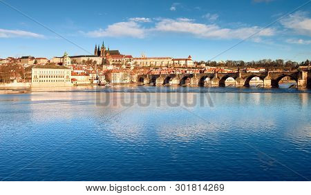 Charles Bridge, St. Vitus Cathedral And Other Historical Buildings In Prague, Panorama From The Oppo