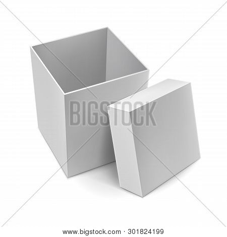 Opened Delivery Cardboard Box Mockup With Shadow. Blank Packaging Box With Cap Isolated On White Bac