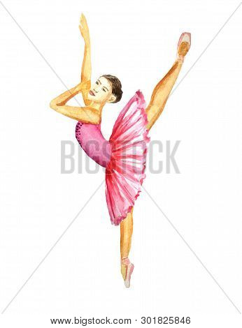 Ballerina Dancing Girl Watercolor Painting Illustration Isolated On White Background