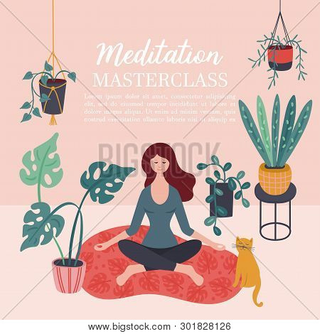 Cute Young Woman Meditating At Home With Green Plants. Childish Print