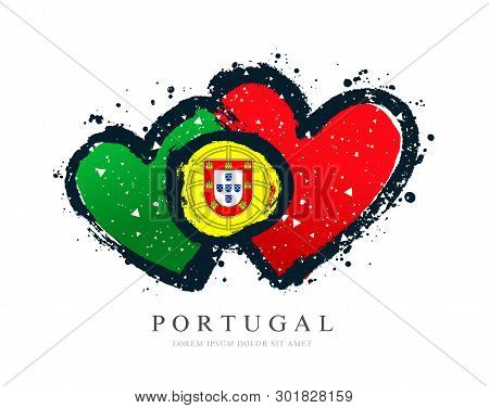 Portuguese Flag In The Form Of Two Hearts. Vector Illustration On White Background. Brush Strokes Dr