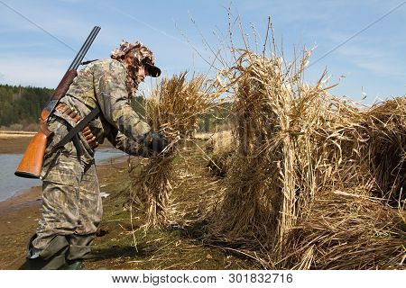Duck Hunter With A Shotgun Making A Hunting Blind Of Reeds On The Lake