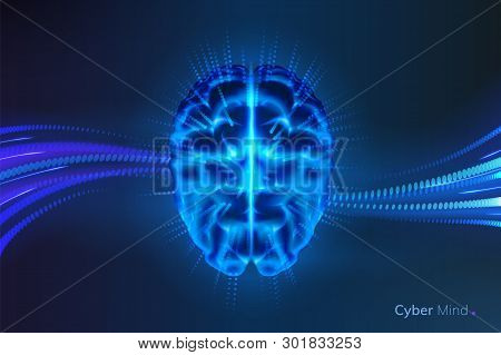 Glowing Cyber Mind Or Shining Artificial Intelligence Brain. Neural Network Or Machine Learning Back