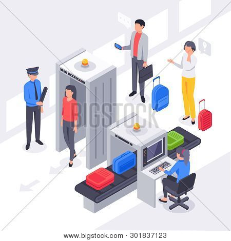 Isometric Airport Security. X Ray Check Passengers Baggage Scanning, Travelers Luggage Scan And Meta