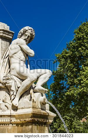 Detail Of Pradier Fountain At Esplanade Charles-de-gaulle In Nimes, France