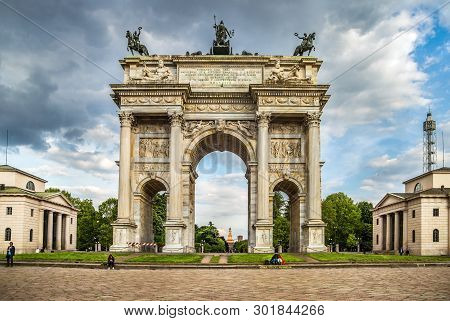 Milan, Italy - May 7, 2017: Arch Of Peace Nown As Arco Della Pace, One Of The Most Famous Landmarks 
