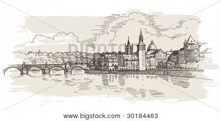 Panorama von Prag. Ansicht der Karlsbrücke und dem Vltava Fluss Damm. Vektor Zeichnung