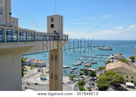 Salvador, Brazil - 3 February 2019: View Of Lacerda Elevator And All Saints Bay (baia De Todos Os Sa