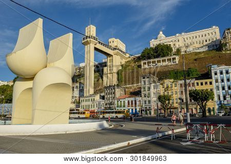 Salvador, Brazil - 3 February 2019: View Of Lacerda Elevator From Lower City In Salvador Bahia On Br