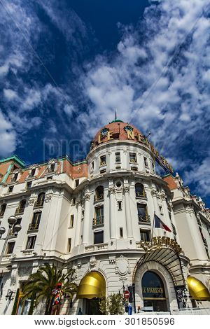 Nice, France - May 1, 2019: Le Negresco Hotel In Nice, France. It Is An Luxury Beachfront Hotel Buil