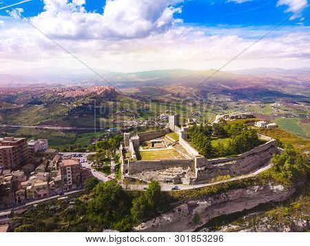 Lombardy Castle In Enna Sicily, Italy. Aerial Photo.
